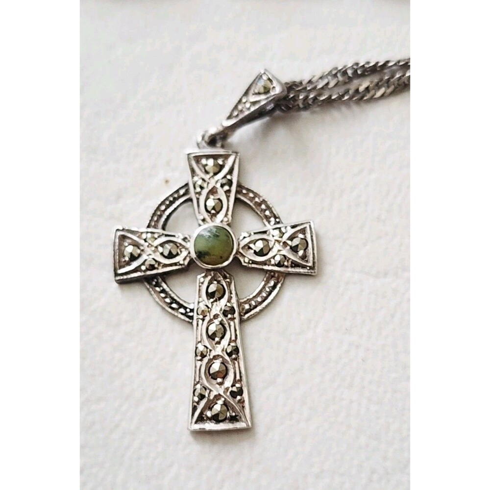 Vintage Irish Sterling Silver Connemara Marble Celtic Cross Pendant Necklace